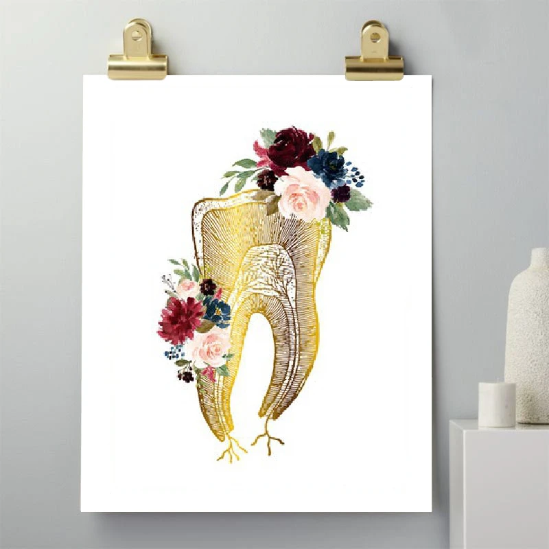 Human Tooth Anatomy Medicine Art Canvas Painting Medical Student Gift Tooth And Flowers Poster Prints Doctors Office Wall Decor