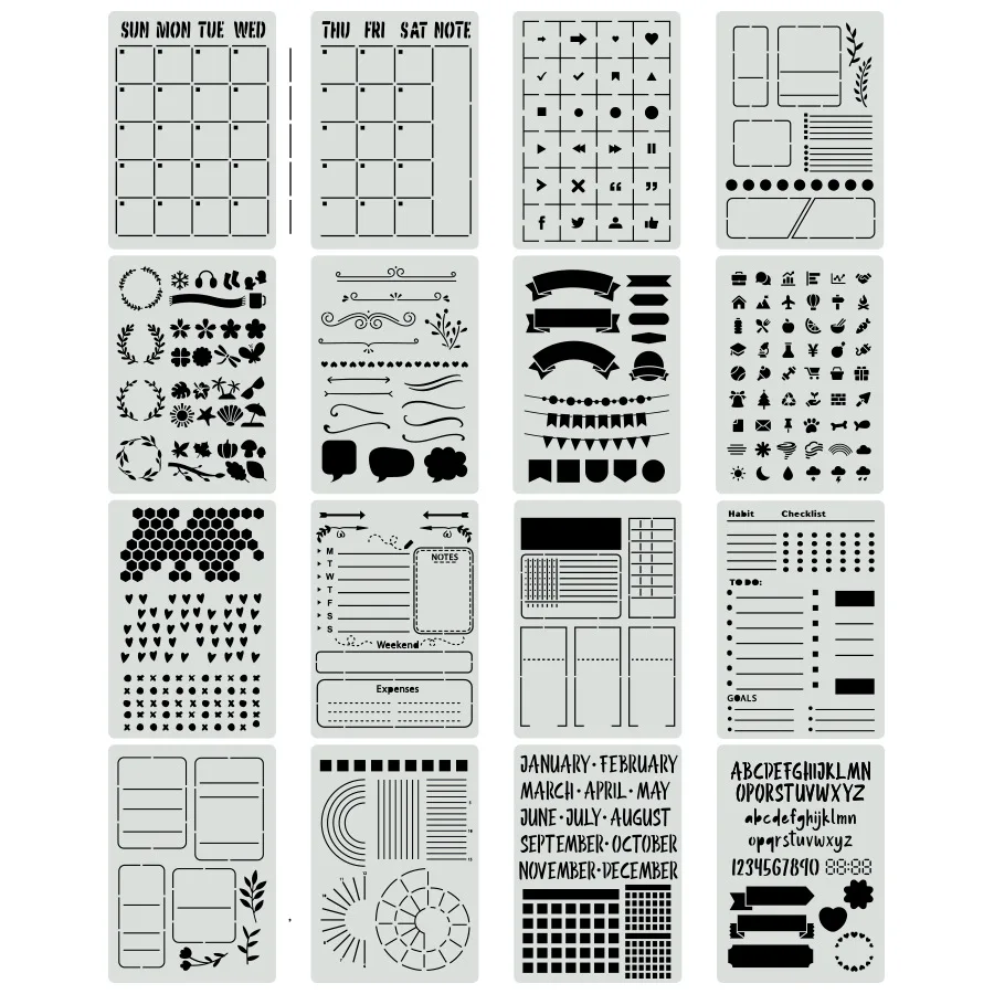 16Pcs/Set A5 Daily Calendar Notes DIY Layering Stencils Wall Painting Scrapbook Coloring Embossing Album Decorative Template