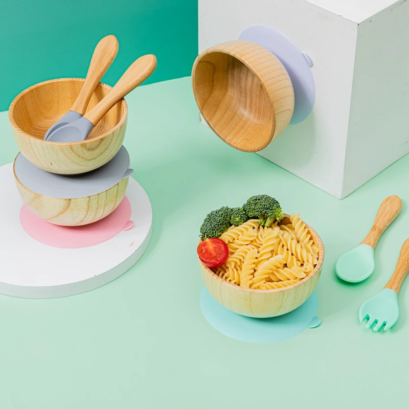 Baby Feeding Bowl Set Wooden Bowl & Spoon Set Suction Cup Dishes Tableware Children Baby Plate Children's Dishes Products Gifts