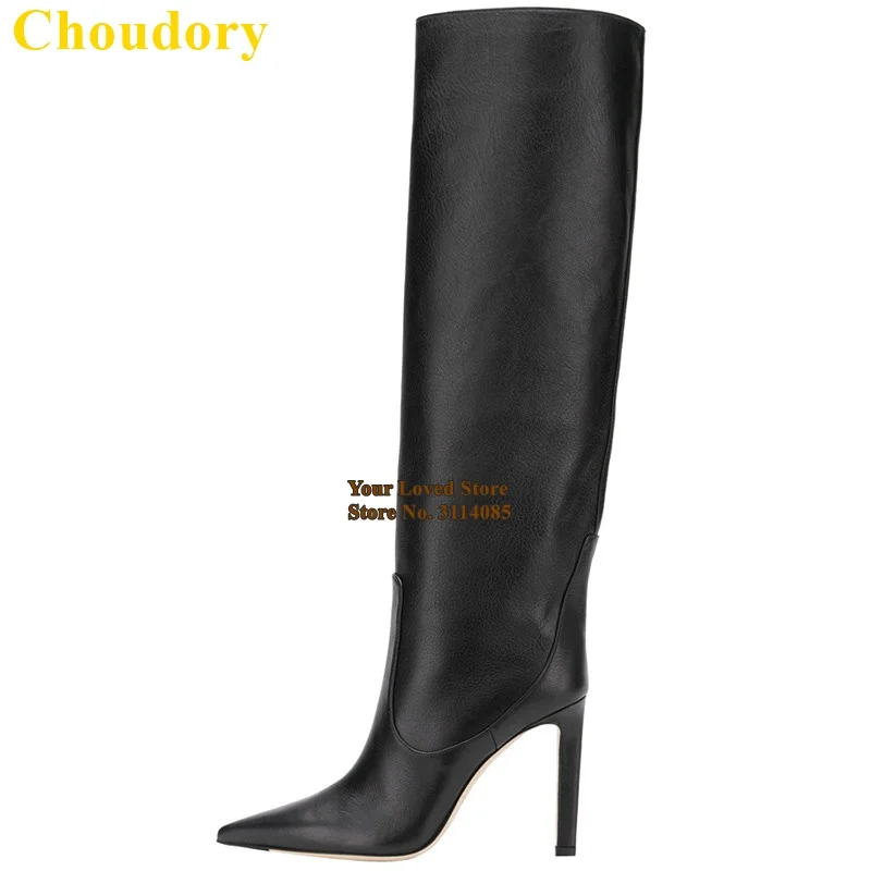 

Choudory Chunky Heels Pointed Toe Knee Boots White Black Plaid Cloth Pattern Matte Leather Long Boots Concise Party Shoes Boots