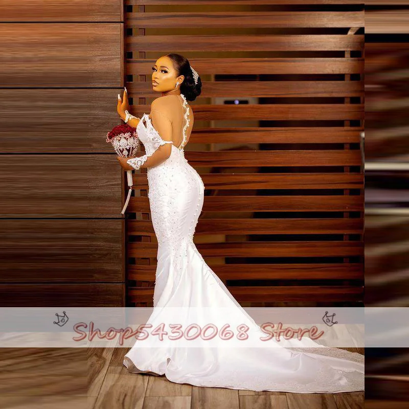 Aso Ebi Mermaid Trouwjurken Met Sheer Hals Illusion Lange Mouwen Bridal Dress Kant Applicaties Parels Vestido De Noiva