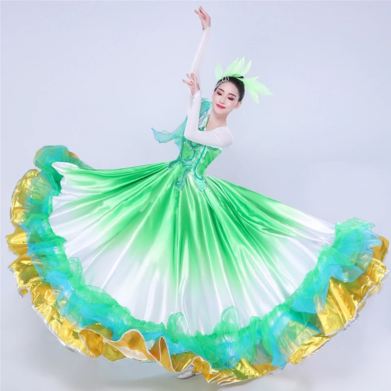 Spanish Bullfight Dance Dress For Women Stage Costume Gypsy Dress Emerald Green Dancing Long Skirt Flamenco Dance Dress DL7180