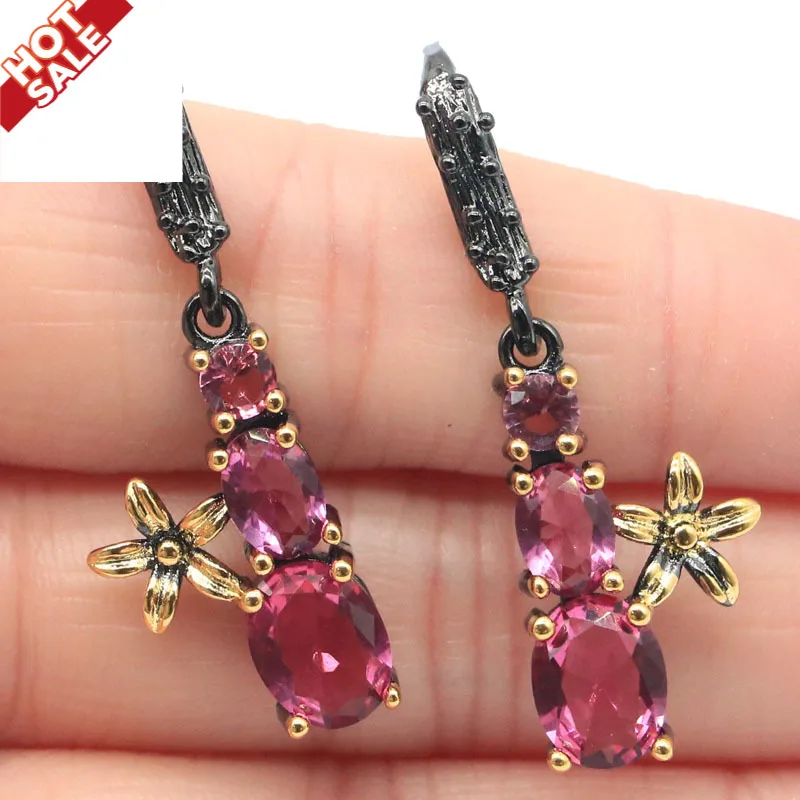 Buy 3 get 1 free 39x13mm  Vintage Pink Tourmaline Smokey Topaz For Women  Black Gold Silver Earring