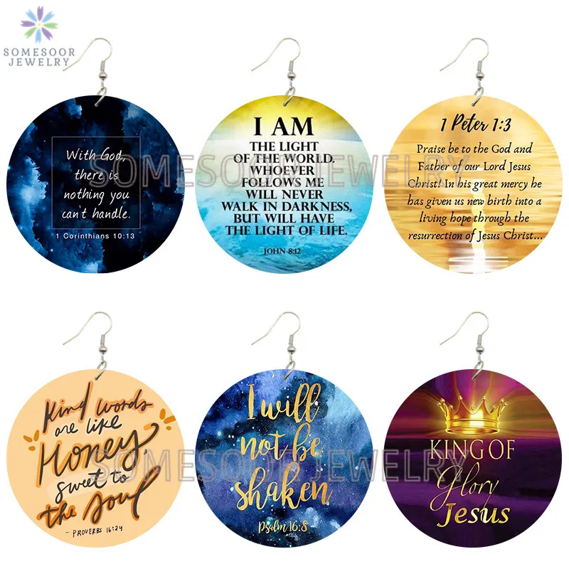 

SOMESOOR I Love Jesus Christian Sayings Printed Wooden Drop Earrings Bible motto With God Glory Writings Loops For Women Gifts