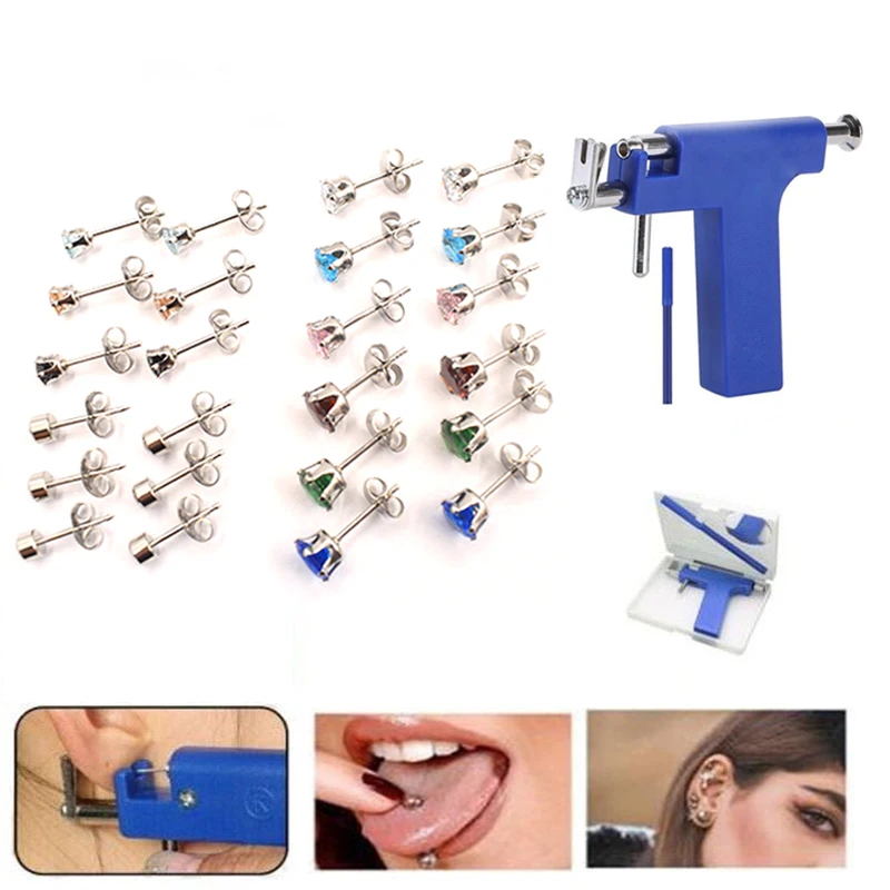 

NEW Professional Ear Piercing Gun Tool Set 12pairs Stud Earring CZ Multicolor Ear Nose Navel Safety Pierce Body Piercing Gun