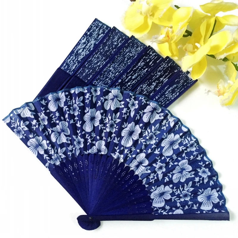 50PCS Traditional Chinese Style Blue Color Bamboo Fabric Folding Fan With Mixed Flower Designs For Ladies and Home Decorations