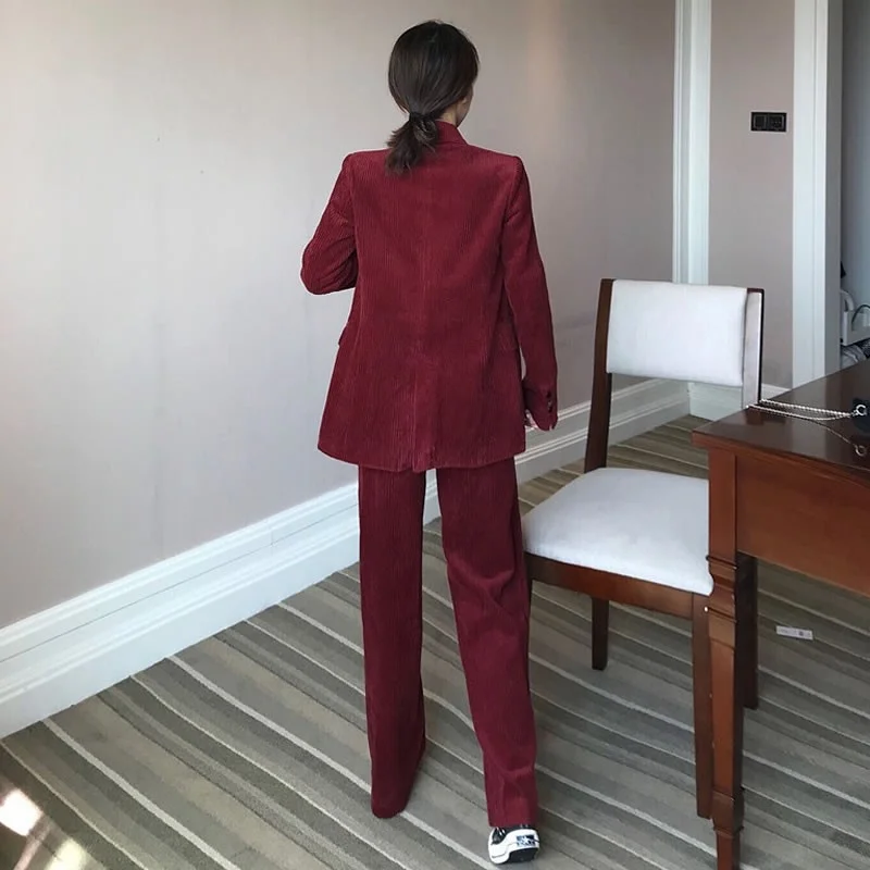 Womens Spring Wine Red Corduroy Blazer Set Fashion Office Lady Skirt Two Piece Set Double Breasted Suit Jacket Loose Pants Set