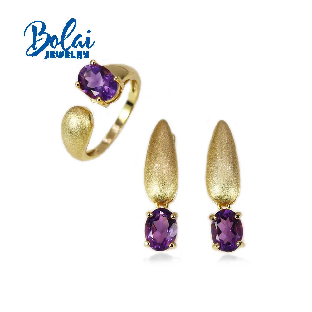 Bolai,Natural Africa amethyst oval 6*8mm Ring earrings Jewelry Set 925 Sterling silver fashion women's fine jewelry