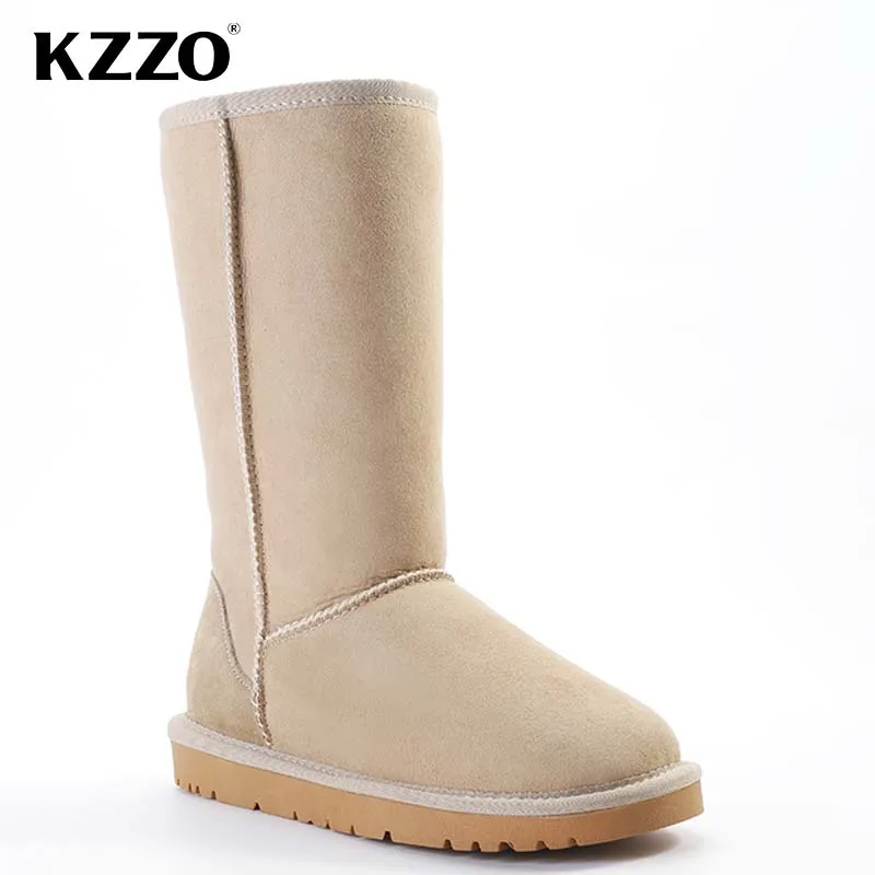 KZZO Real Sheepskin Suede Leather Women\'s High Snow Boots Natural Fur Wool Lined Winter Warm Casual Shoes Non-slip Comfortable