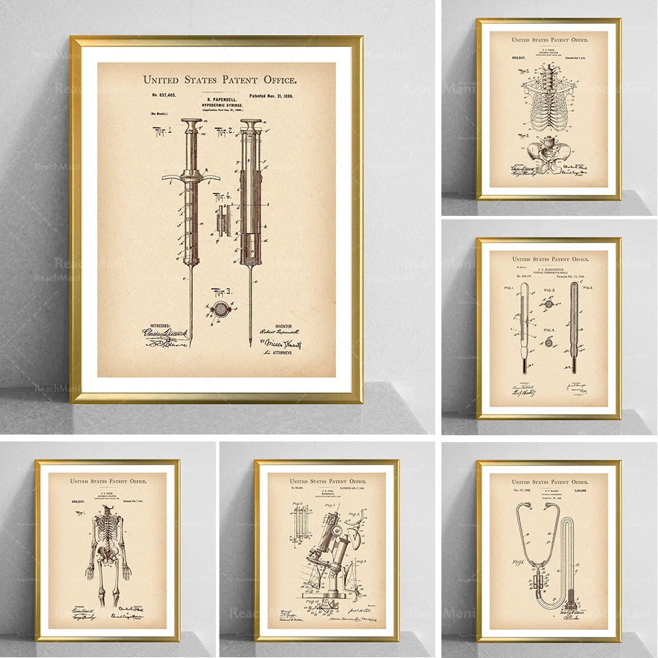 Medical poster doctor equipment patent clinic decoration stethoscope print microscope blueprint retro thermometer syringe drawin