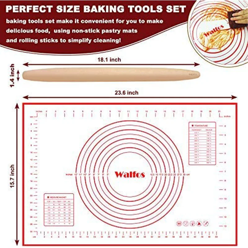 WALFOS French Rolling Pin and Silicone Pastry Mat Set Beech Wood Rolling Pin 18 Inch For Best Pie Crust Cookie Pasta Pizza Doug