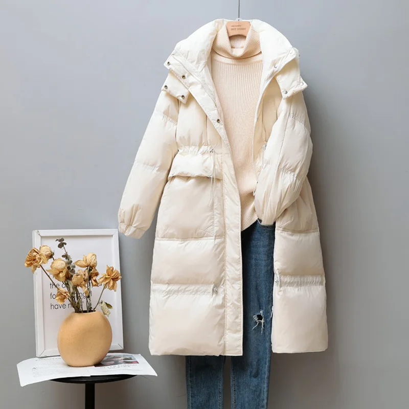 

Winter Long Down Jacket Women Loose Thick Warm Hooded Jacket Detachable Hooded Long Coats Female 90% White Duck Down Outwear