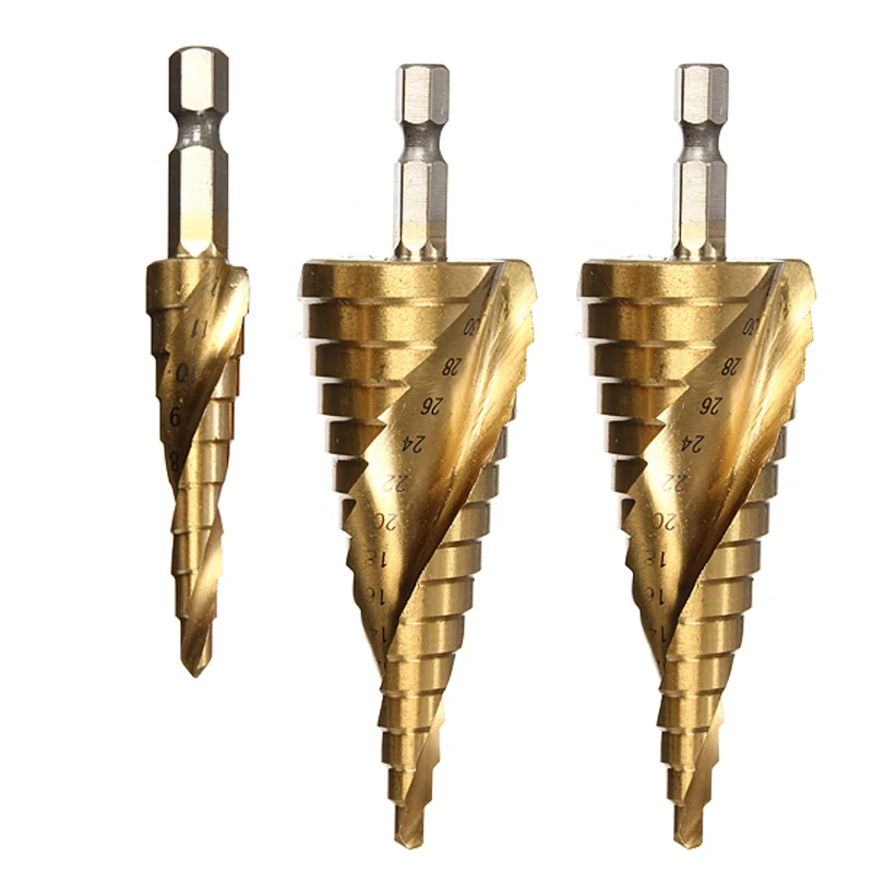 3pcs Golden HSS Helix Spiral Grooved Step Drill Bits Titanium Coated Cut Set Hole Cutter 1/4" Hex Shank