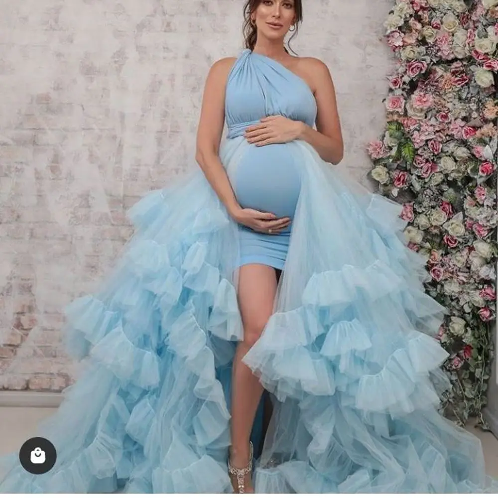 หนึ่งไหล่สีฟ้าคลอดบุตรชุดสำหรับถ่ายภาพชั้นผู้หญิงสั้น Maternity ชุดเดรสกระโปรงเสื้อคลุมอาบน้ำชุดนอน