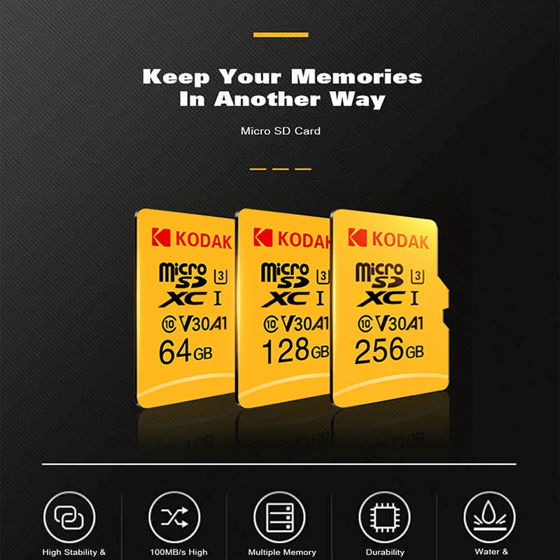 Карта памяти KODAK MicroSD, класс 10, 16 ГБ, 32 ГБ, 64 ГБ, 128 ГБ, 512 ГБ, U3, 4K