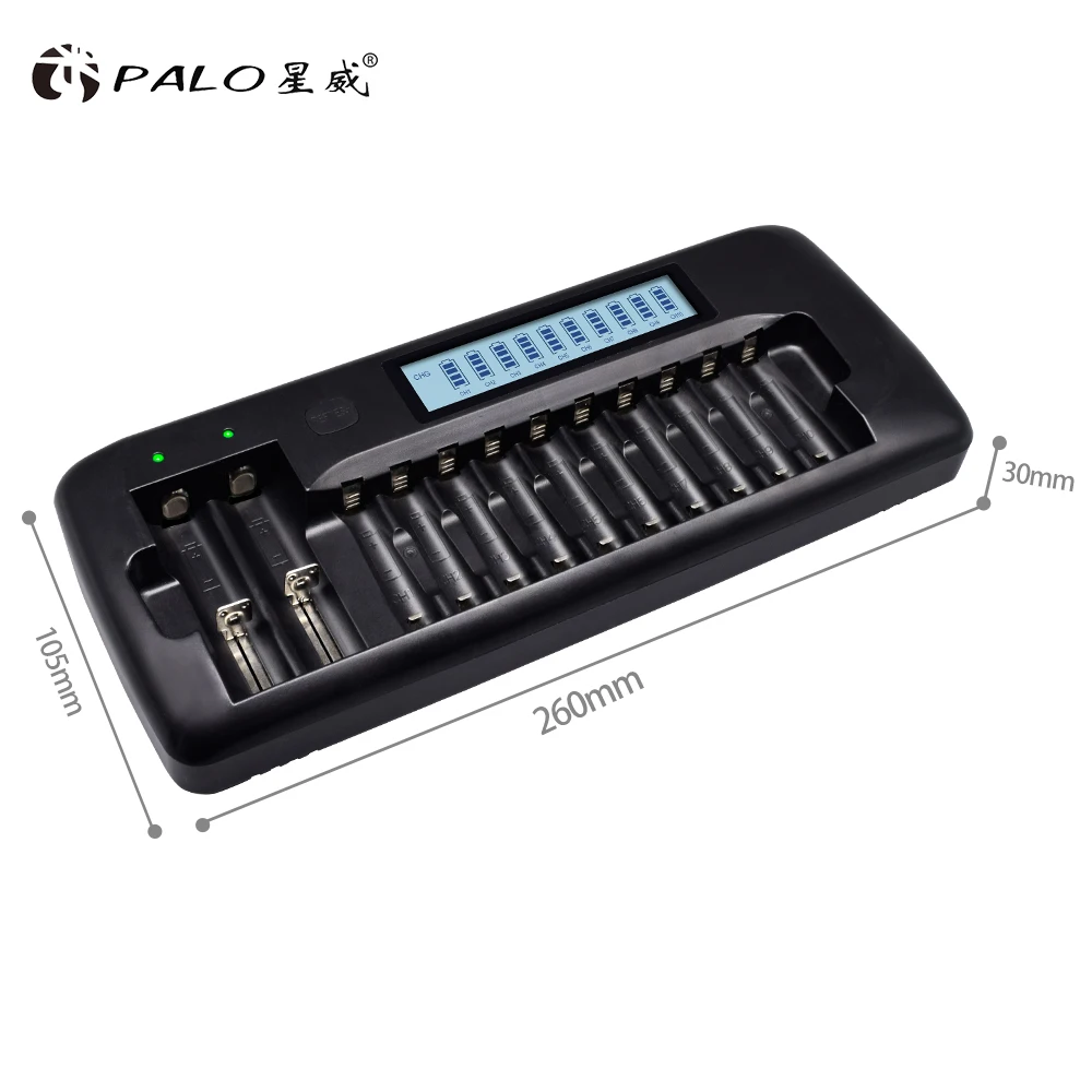 12 슬롯 PALO 지능형 LCD 배터리 충전기 18650 26650 21700 18350 AA AAA 3.7V/1.2V 리튬 NICD NiMH 배터리 및 방전