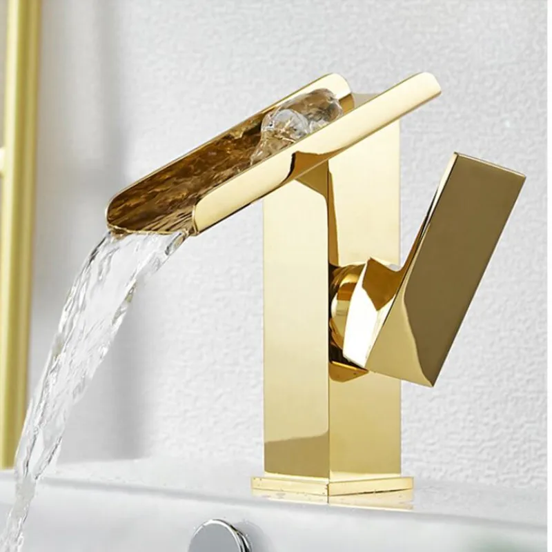 

Waterfall Basin Faucet Bathroom Single lever Hot and Cold Gold Sink Mixer Tap Faucet Brass Basin Lavtory Faucet