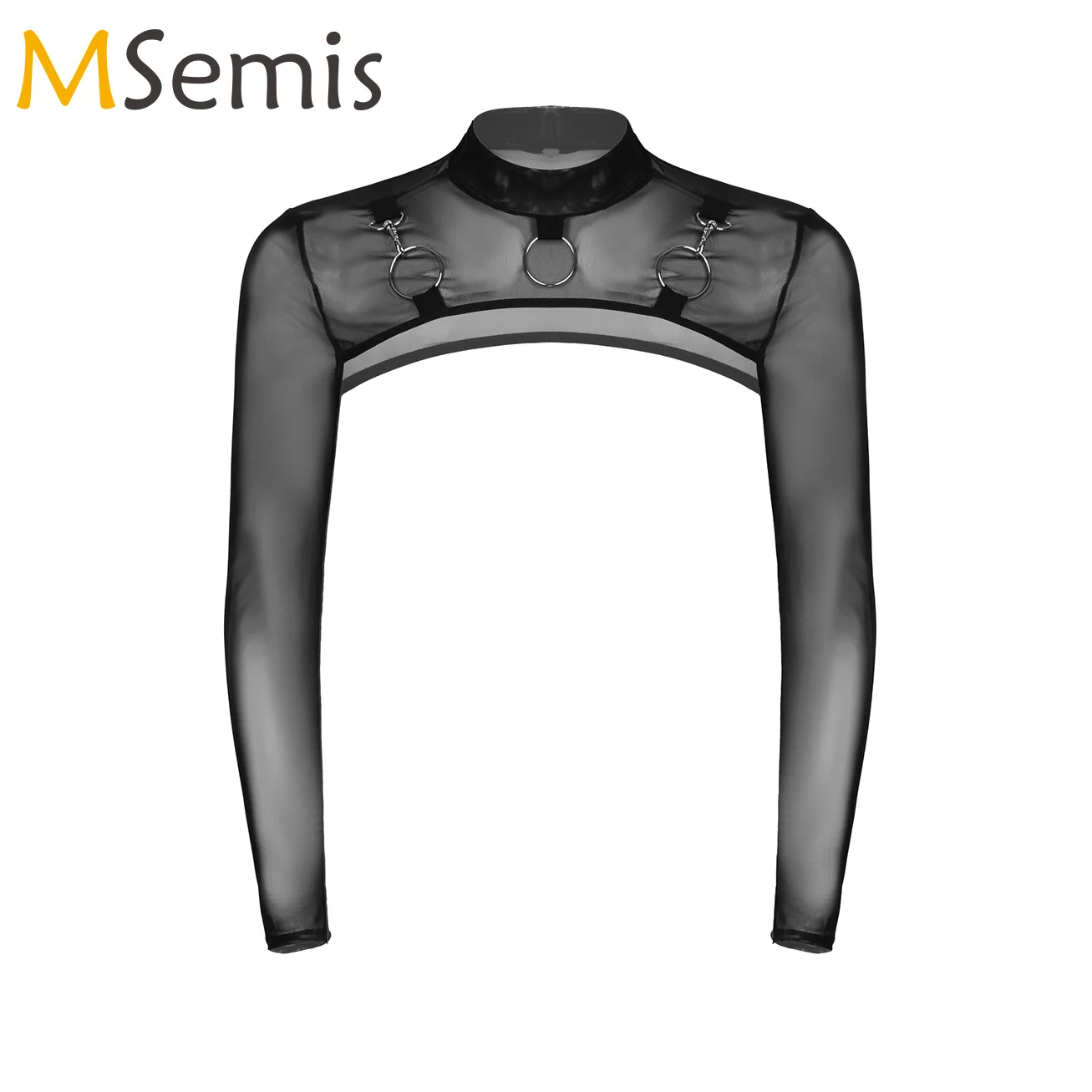 MSemis Male Mens Transparent Moto Sexy Tops Long Sleeve O-Ring Decor T-Shirt See-Through Mesh Half Crop Top Party Clubwear