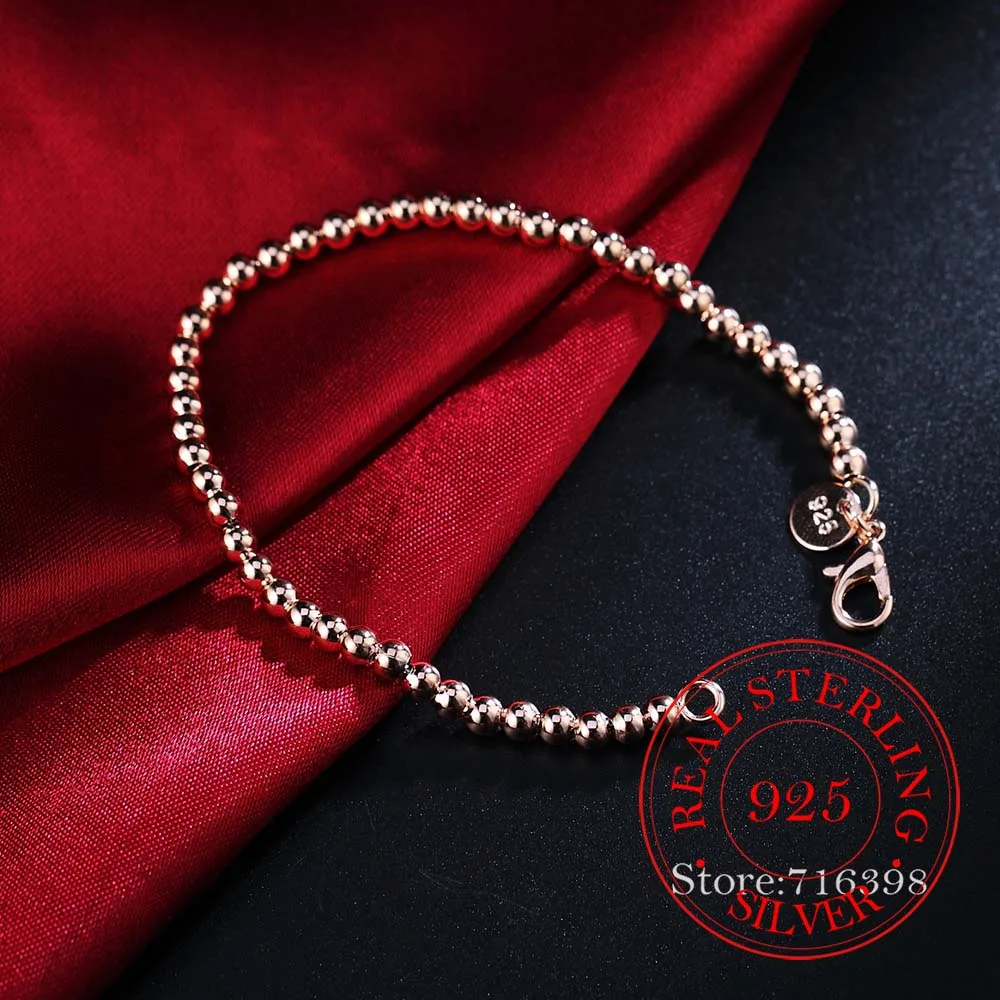 100% prawdziwe 925 srebro bransoletka dla kobiet mężczyzn Homme 4MM koraliki łańcuszek kulkowy bransoletki bransoletki klasyczne Pulsera De Mujer — zdjęcie 6
