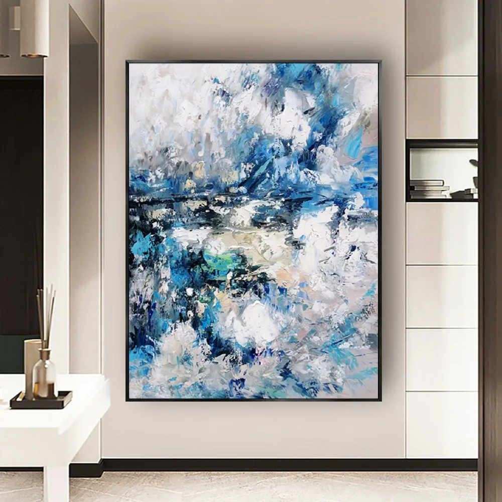 Modern Nordic Home Decor Poster Hand-Painted Beautiful Oil Paintings Blue White Outline Canvas Picture Abstract Wall Deco Art