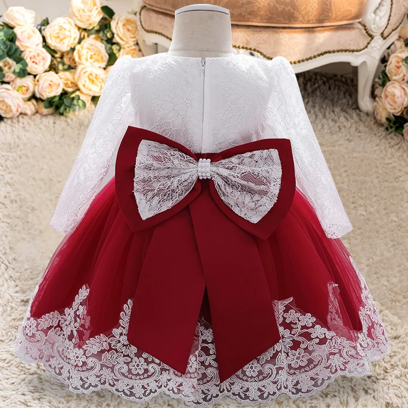 PLBBFZ Long Sleeve Bowknot Dress Newborn 1 Year Baptism Birthday Evening Baby Children\'s Dresses Party Wedding Kids Clothes