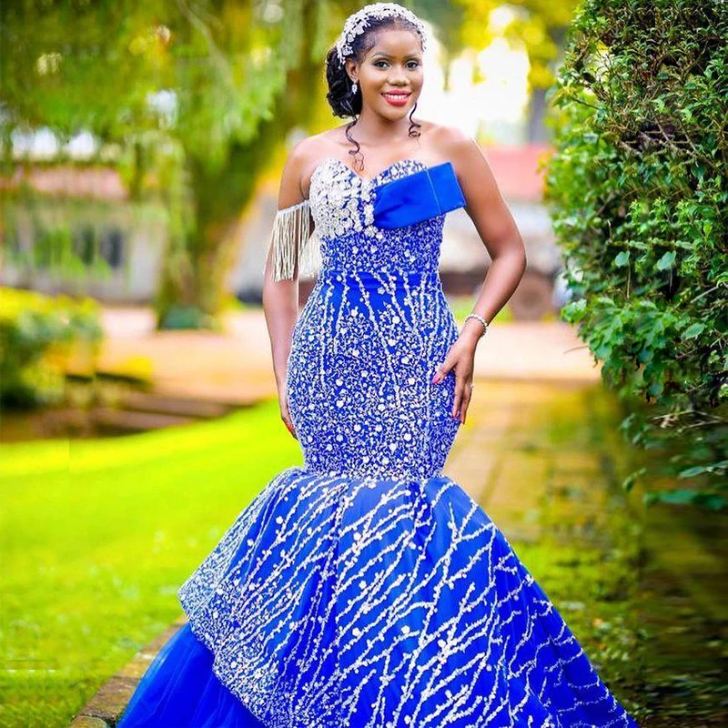 Vestido de baile azul real africano para mulheres, querida borlas, renda lantejoulas, apliques de renda, vestido de noite Aso Ebi