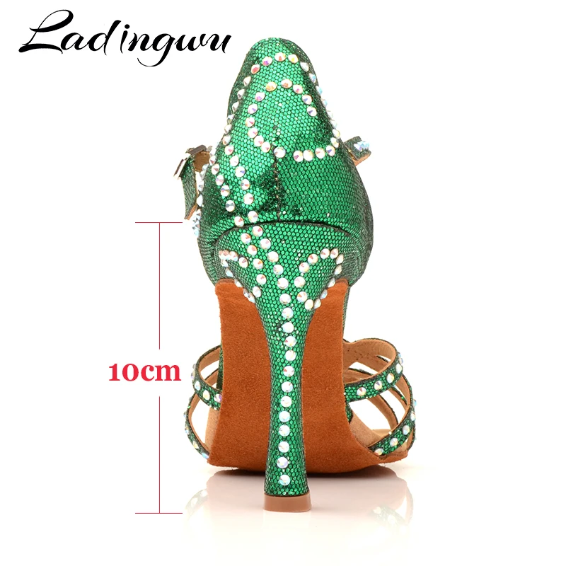 Ladingwu Women Latin Dance Shoes Green Flash Cloth Dance Shoes Lady Rhinestone Ballroom Salsa Tango Dance Shoes Professional