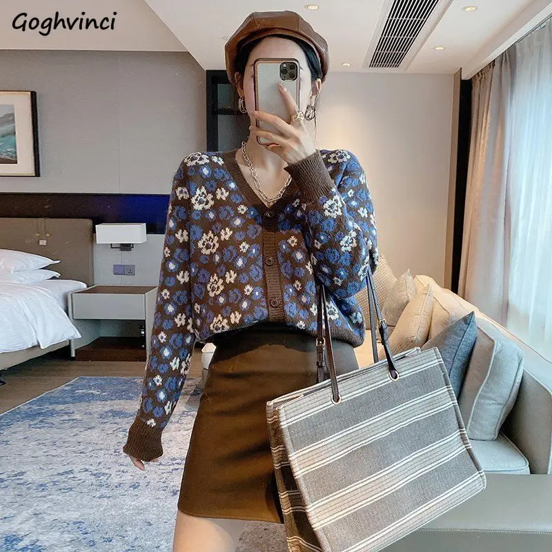 

Cardigan Women Spring Autumn Sweater Fashion Floral Single Breasted Girls Ulzzang V-neck Comfortable New All-match Elegant Fit