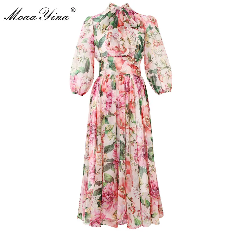 

MoaaYina Fashion Designer dress Spring Summer Women Dress Bow collar Rose Floral-Print Elegant Vacation Chiffon Dresses