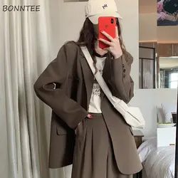 Blazers Women Retro Simple Solid Full Sleeve Elegant Single Breasted Pocket Casual Autumn Mujer Streetwear British Style Loose