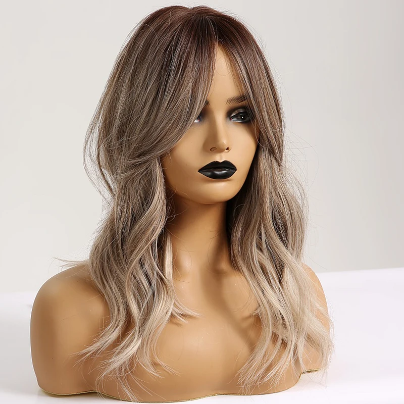 ALAN EATON Synthetic Hair Wig Ombre Brown Light Ash Blonde Medium Wave Wig for Black Women Heat Resistant Fiber Daily False Hair