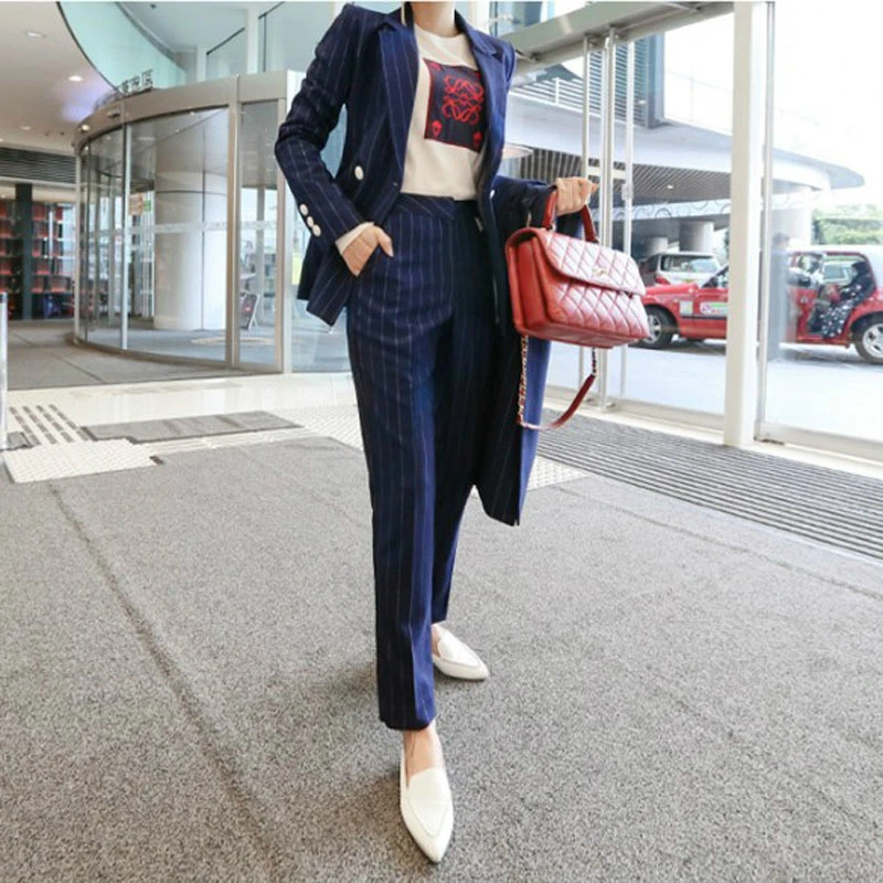 

2020 New Year Modis Formal OL Work Office 2 Piece Set Women Print Striped Blue Suit and Sheath Pants Ladies Floral Two Piece Set