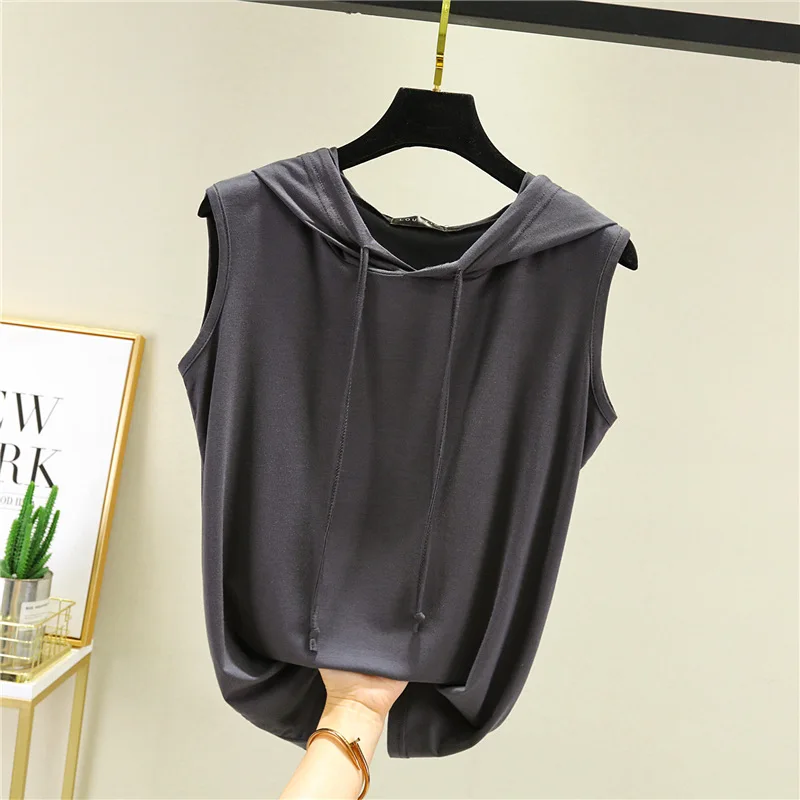 Sleeveless Hooded Top Women Clothing Soild Loose Soft Long T-Shirt Street Style Thin Casual Tees Top Summer Clothes Streetwear