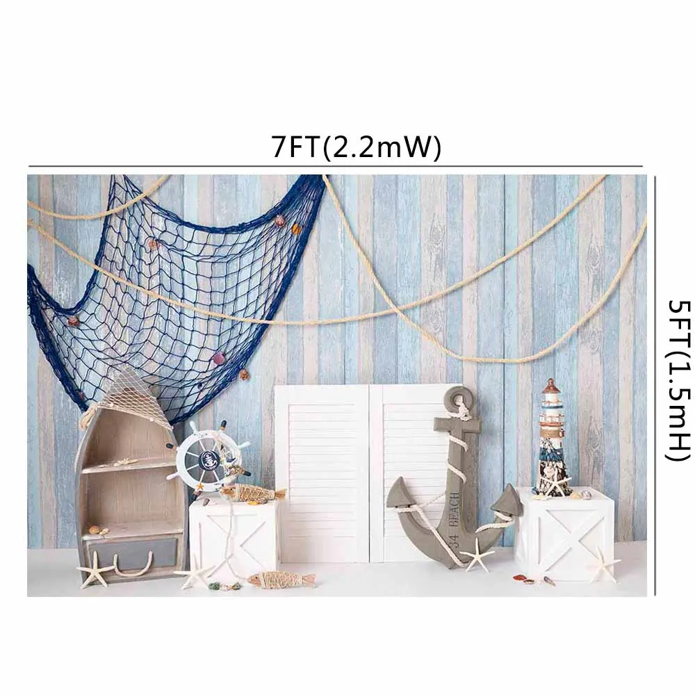 Sea Ship Fishing Net Wooden Board Photography Backdrops Baby Portrait Photo Backgrounds Birthday Party Decoration Banner W-4780