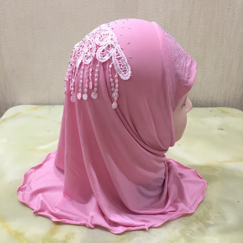 H142 fit 2-5 years old small girl hijab hats with lace muslim scarf islamic headscarf hat amira pull on headwrap