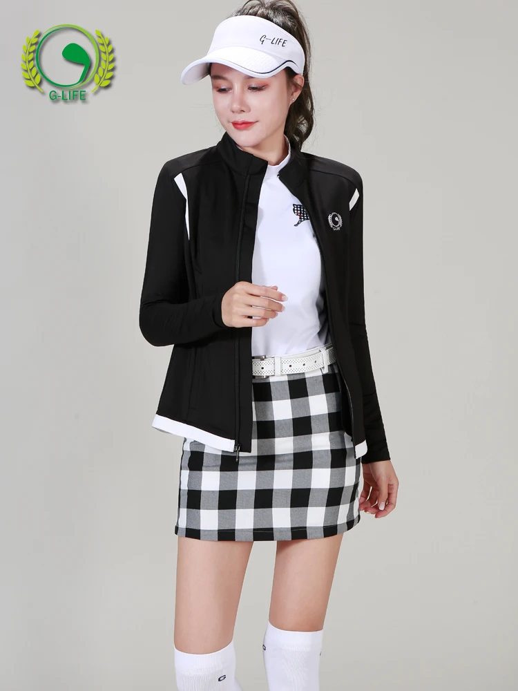 New Ladies Golf Apparel Long-sleeved Black Jacket Plaid Short Skirt Trouser Suit Windproof Fashion Jacket