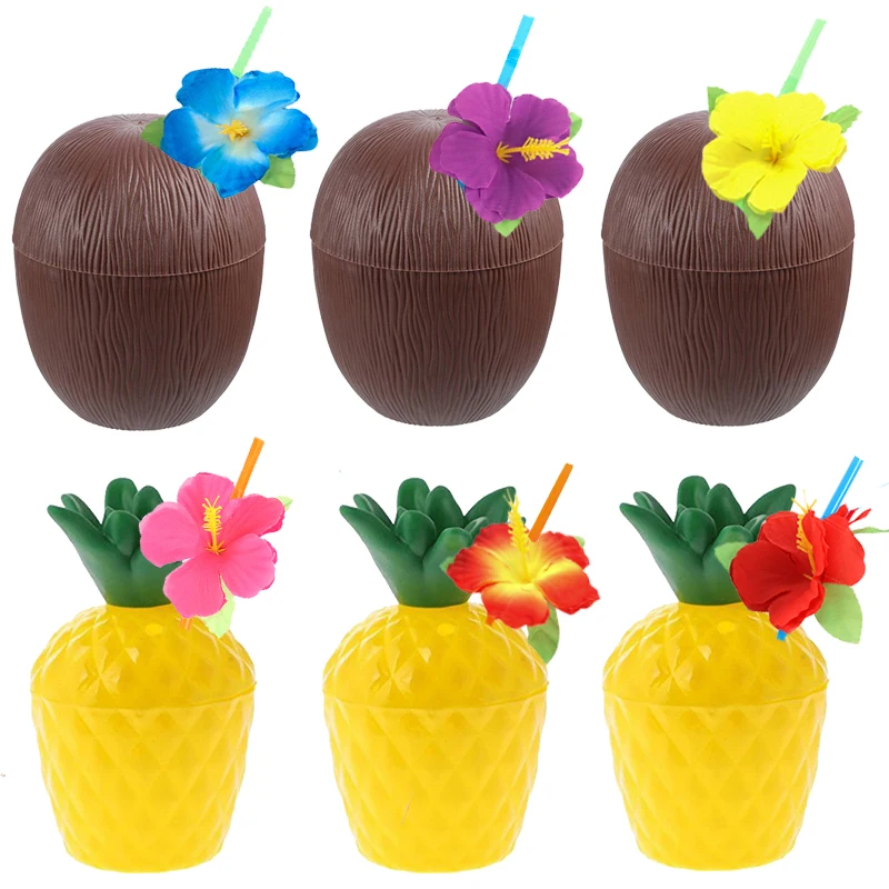 6pcs Summer Tropical Pineapple Coconut Drinking Cup Hibiscus Flower Straws Hawaiian Luau Birthday Beach Pool Party Decorations