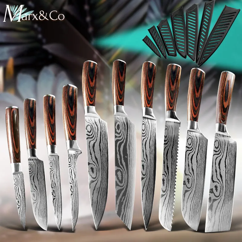 

Kitchen Knife 1-10 Pcs Set Chef Japanese 440C High Carbon Stainless Steel Damascus Drawing Utility Slicing Santoku Cleaver