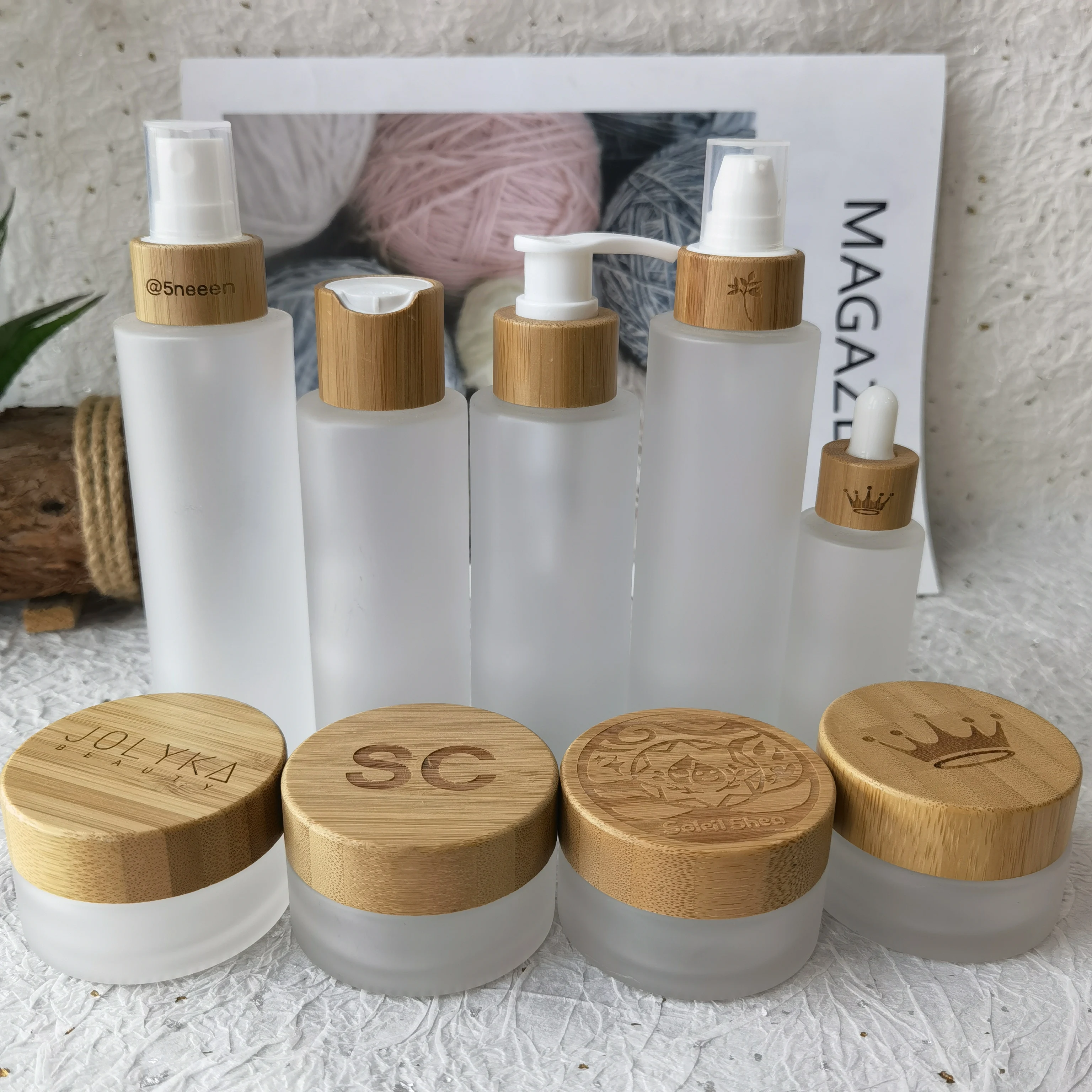 

Makeup Clear Frosted Glass Cream Jar With Bamboo Lid Glass Bottle For Toner Lotion Cosmetic Container