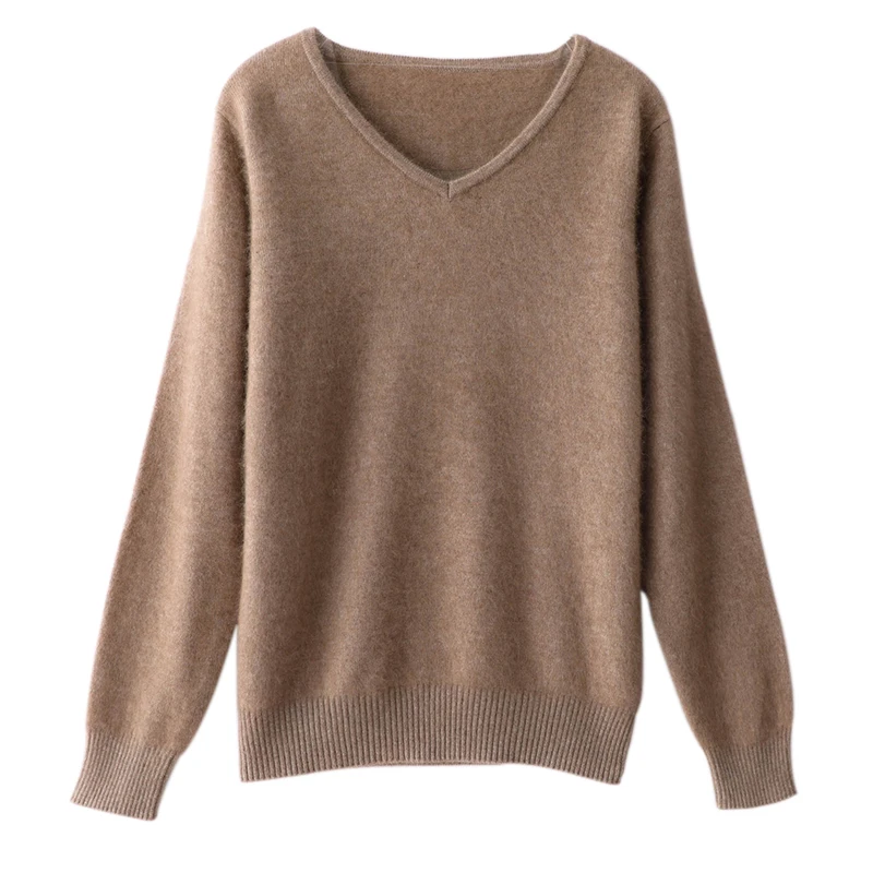 2023 Autumn Winter Women\'s V-neck 100% Mink Cashmere Sweaters And Pullover Soft Warm Sweaters Female Knitted Basic Sweater