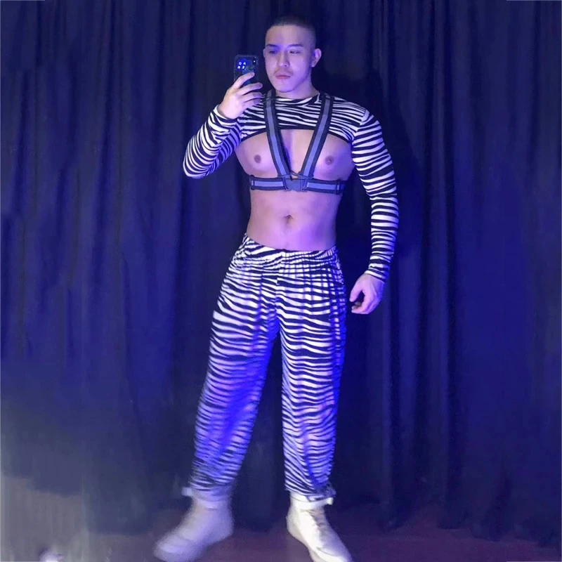 Muscle Men Women DJ Party Festival Rave Performance Clothes  Costume Zebra Stripes Tops Pants Chest Belt Outfit Sexy Stage Wear