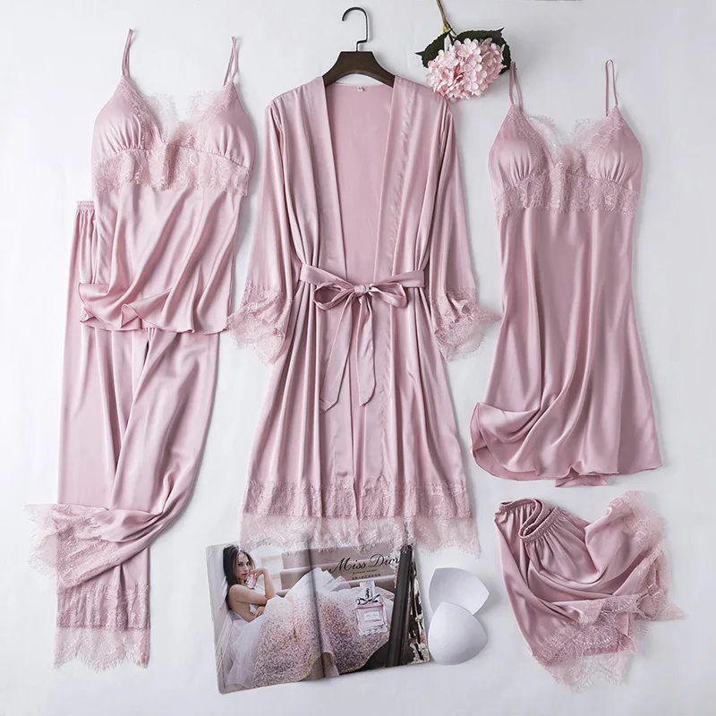 White 5PCS Women Robe Set Sexy Sleepwear Lace Kimono Bathrobe Gown Silky Lingerie Nightwear Lounge Wear Casual Home Clothes