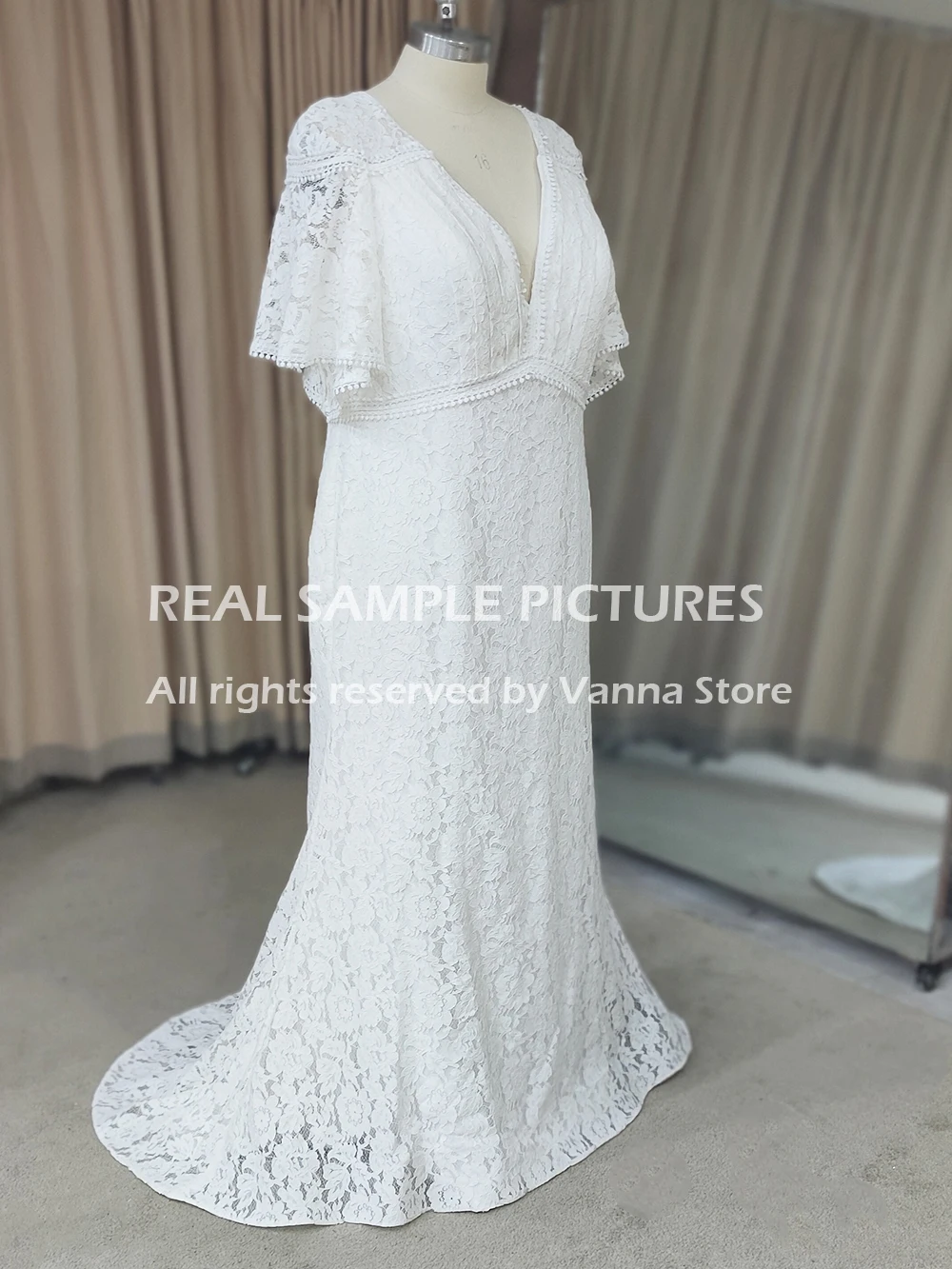 Flutter Sleeves Boho Mermaid Lace Wedding Dress V-Neck 2021 New Custom Made Backless Real Photos Plus Size Princess Bridal Gown