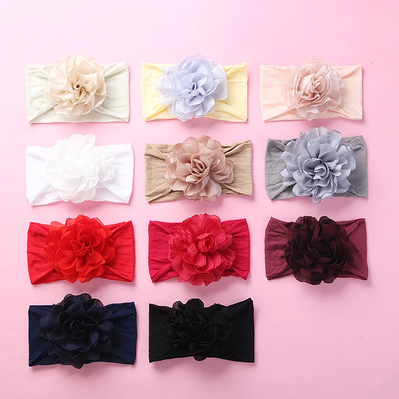 24pc/lot Baby Large Big Flower Nylon Headbands Ribbed Chiffon Flower with Wide Nylon Headbands Children Girls Hair Accessories