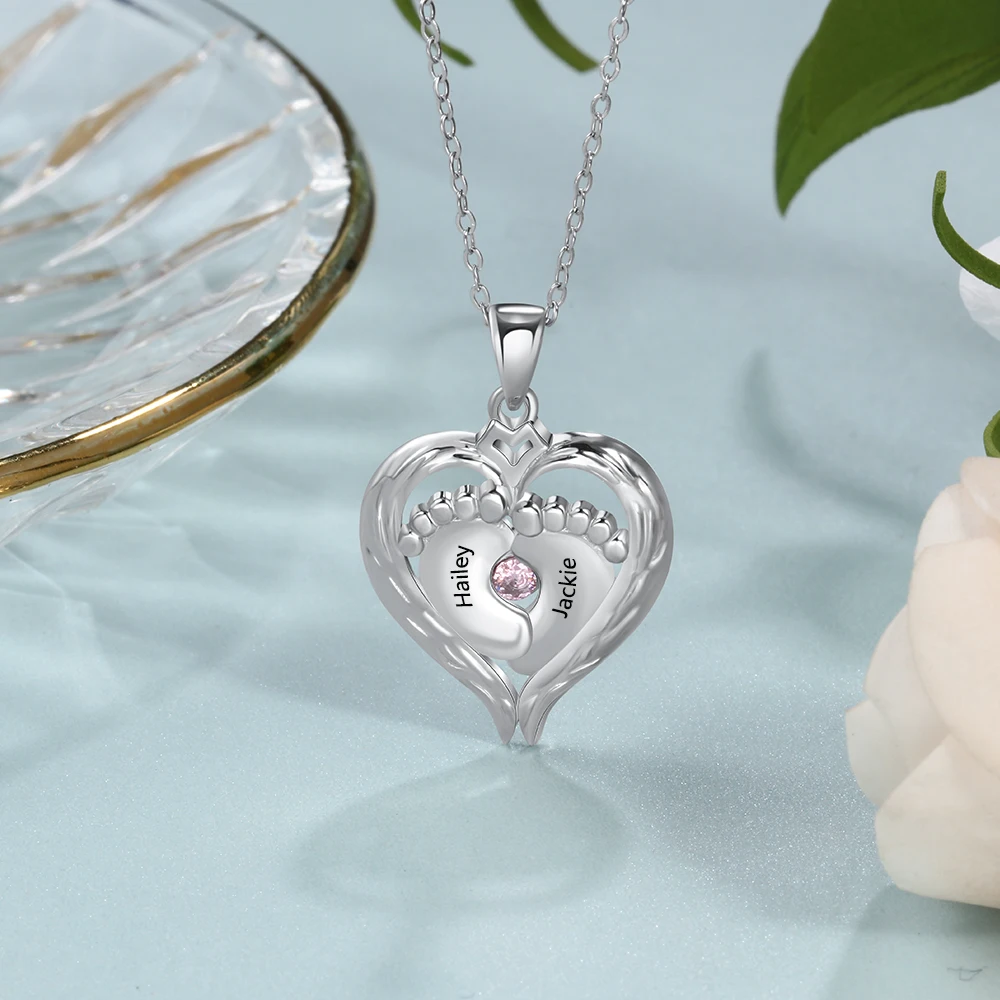 JewelOra-Collar personalizado de Plata de Ley 925 para madre, colgante con forma de corazón, pie de bebé, piedra natal, regalo de joyería, 925