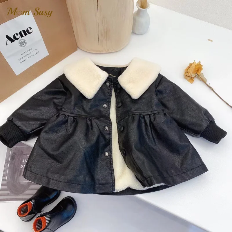 

Baby Girl PU Leather Jacket Fur In One Winter Spring Autumn Infant Toddler Kids Leather Fur Coat Chaqueta Outwear Clothes 1-8Y