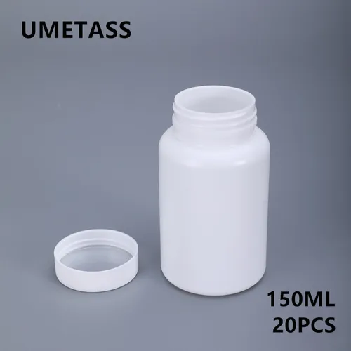 Botella de medicina vacía de grado alimenticio, rellenable, redondo, para cápsulas de pastillas, vitamina, envase de embalaje 20 piezas, 150ML