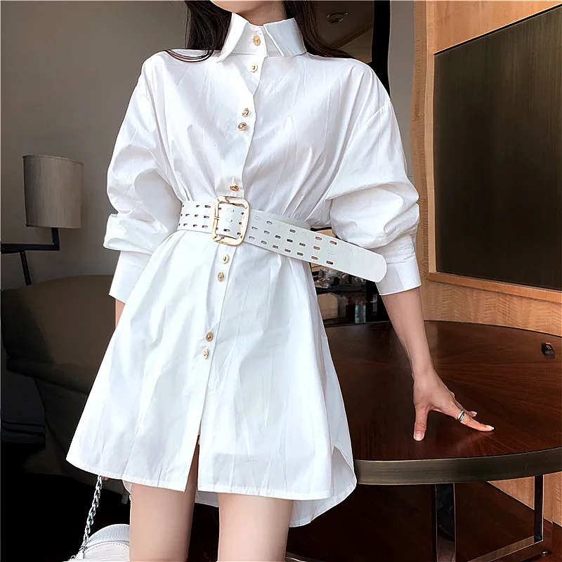 

With Belt Women Long Spring White Black Shirts Casual Loose Blouses Party Simple Ladies Long Sleeve Tops Blousa Shirts SY035