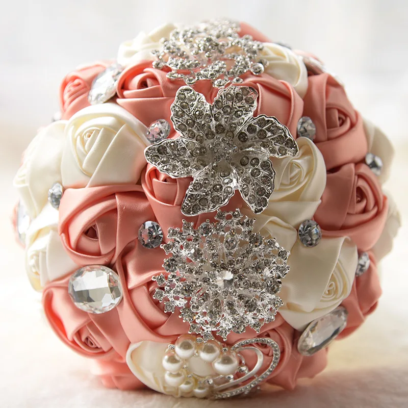 

Coral and cream Brooch Diamond Bridal Wedding Bouquets Bridal Crystal Silk Flowers Bridal Bouquets de noiva Factory Custom