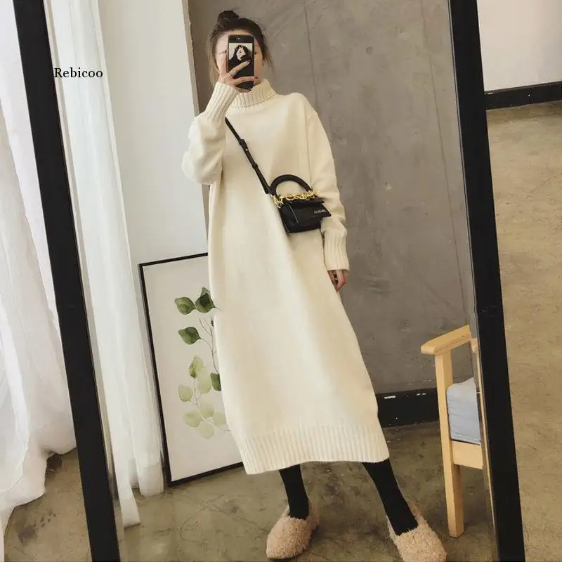 

Sweater Dress Women Knitted Turtleneck Solid Dress Autumn Winter Warm Knit Female Dress Loose Midi Dresses Big Sizes